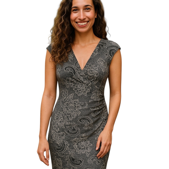 London Times Dresses & Skirts - London Times Wrap Dress 6 Black Floral Formal Bodycon Evening Party Cocktail